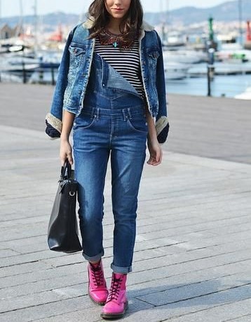 Woman wearing Denim Jacket With Overalls and pink shoes